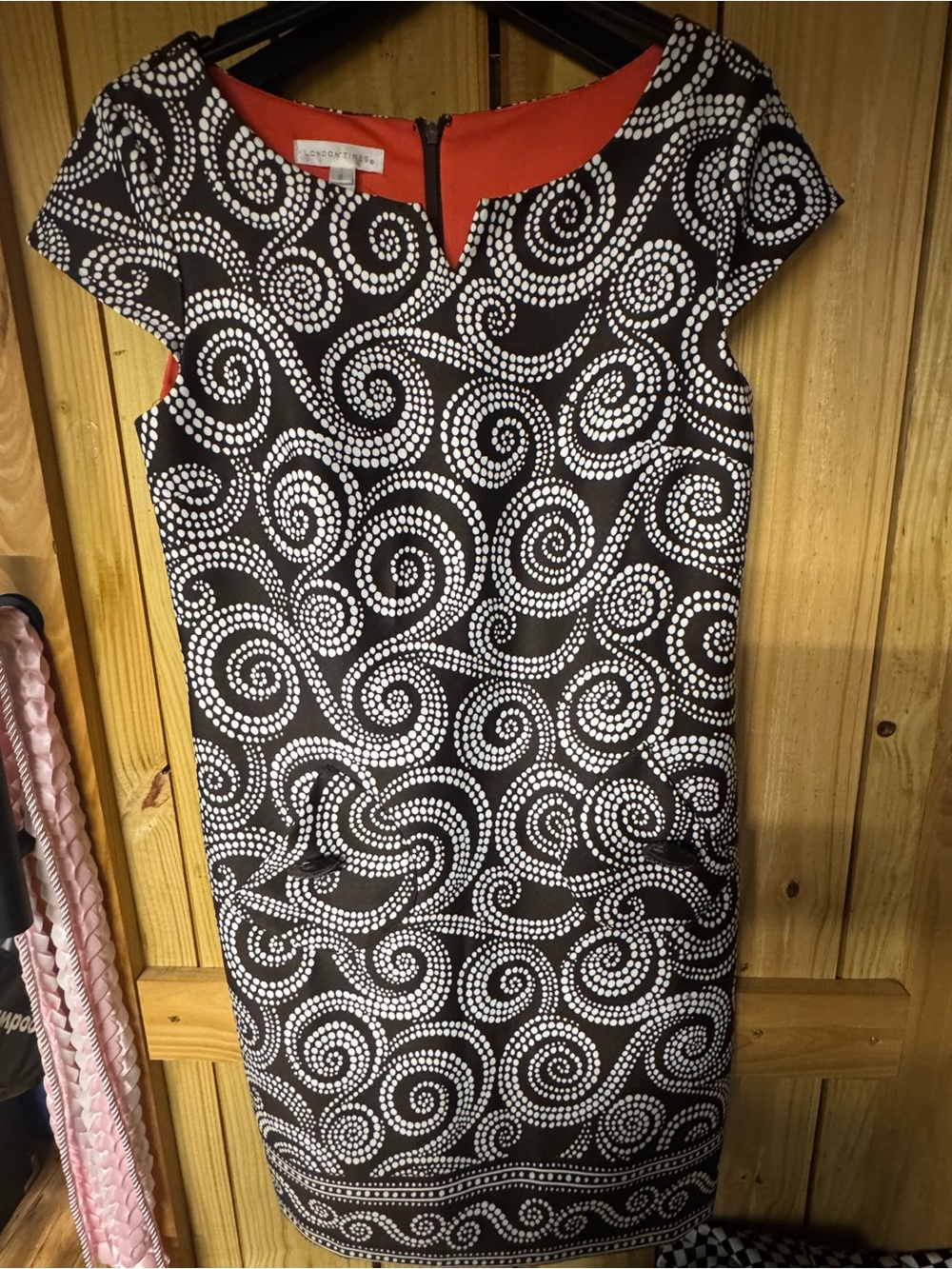 London Times Black and White Swirl Sheath Dress with Coral Accents
